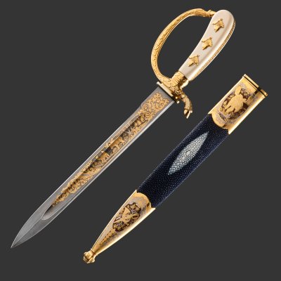 купить Кинжал охотничий «Хиршфангер», дамасская сталь, латунь, дерево, кожа ската, кость мамонта, золочение, литьевые элементы декора; в деревянном подарочном коробе с бархатным ложементом, Российская Федерация, 2012 г.