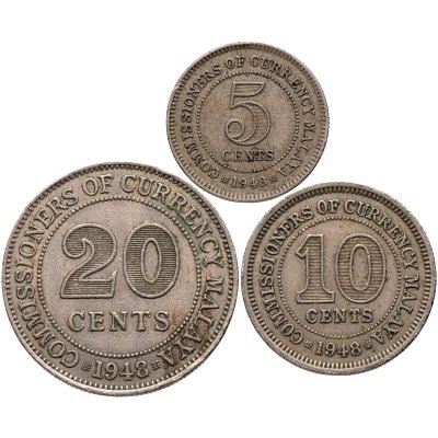 купить Малайя набор из 3 монет: 5, 10 и 20 центов 1948-1950 гг., случайный год