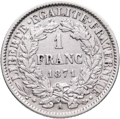 купить Франция 1 франк (franc) 1871 A знак монетного двора: "A" - Париж