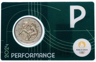 купить Франция 2 евро 2024 XXXIII летние Олимпийские игры, Париж 2024 в блистере зеленого цвета