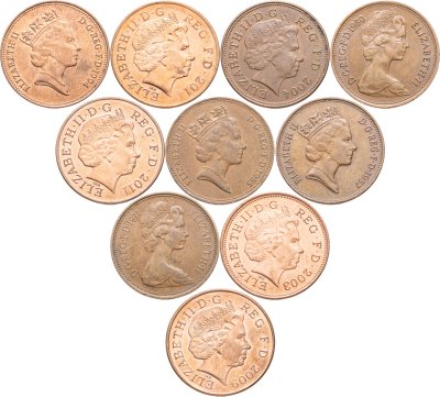 купить Великобритания набор из 10 монет 2 пенса (pence) 1971-2014