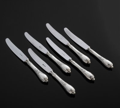 купить Набор столовых ножей с растительным декором на 6 персон, мельхиор (медь-никель), нержавеющая сталь, Вольнянский завод столовых приборов им. Шевченко (ЗiШ, ЗиШ), СССР, 1960-1990 гг.