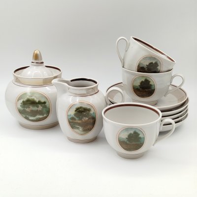 купить Кофейный сервиз на 3 персоны (10 предметов) с изображением пейзажа, фарфор, Дулевский фарфоровый завод (Дулёво), Российская Федерация, 1994 г.