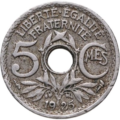 купить Франция 5 сантимов (centimes) 1925 Новый тип: Отверстие в центре
