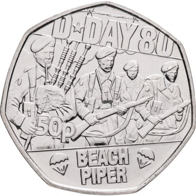 купить Остров Мэн 50 пенсов 2024 « 80 лет высадке союзников в Нормандии (D-Day). Пляжный волынщик (Beach Piper)»