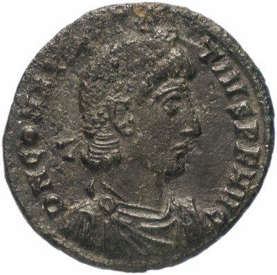 Купить Римская Империя Констанций II 324–361гг фракция фоллиса (реверс: воин поражает копьем всадника)