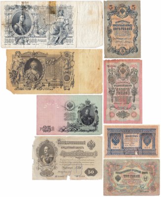 купить Полный набор банкнот образца царских выпусков 1898-1912 гг. 1 рубль - 500 рублей (8 бон)