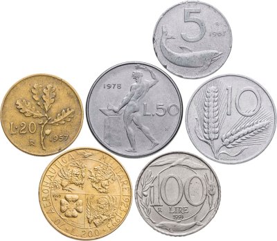 купить Италия набор из 6 монет 5, 10, 20, 50, 100, 200 лир 1957-1993