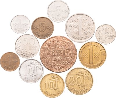 купить Финляндия набор из 12 монет 1, 5, 10, 20, 50 пенни и 1, 10 марок 1867-1993