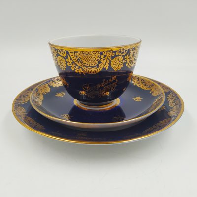 купить Трио чайное с ажурным декором, фарфор, крытье кобальтом, золочение, Ленинградский фарфоровый завод (ЛФЗ), СССР, 1970-1992 гг.