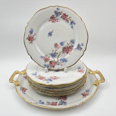 купить Набор десертных тарелок и блюда с цветочным декором на 6 персон, фарфор, деколь, золочение, Limoges, Франция, 1950-1970 гг.