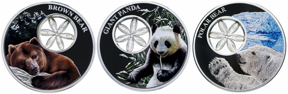 купить Токелау 5 долларов 2015-2017 набор из 3х монет "Медведи", в футляре с сертификатом