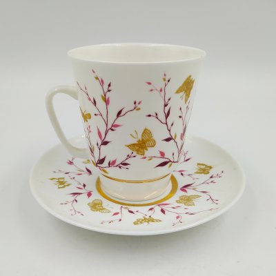 купить Пара кофейная "Розовые веточки" ("Золотые бабочки"), форма "Майская", автор формы Э.М. Криммер, автор рисунка В.Г. Богданов, фарфор, деколь, золочение, Ленинградский фарфоровый завод (ЛФЗ), СССР, 1970-1992 гг.