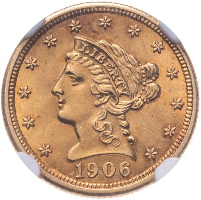 купить США 2 1\2 доллара (2,5 dollars) 1906 в слабе NGC MS63