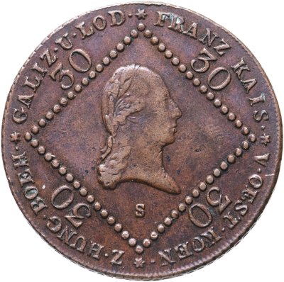 Купить Австрия 30 крейцеров (kreuzer) 1807 S  знак монетного двора "S" - Смолник