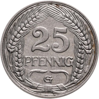 купить Германия 25 пфеннигов (pfennig) 1911 G знак монетного двора: "G" - Карлсруэ
