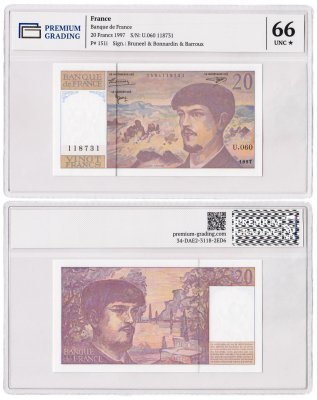 купить Франция 20 франков 1997 в слабе PG UNC66