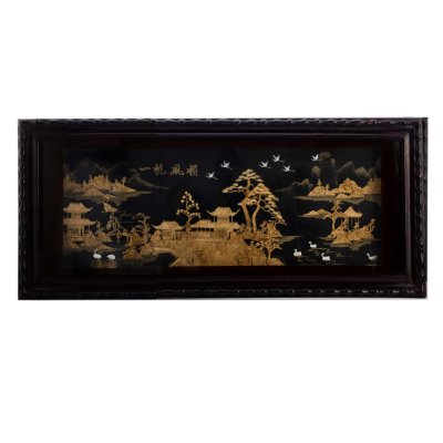 купить Панно декоративное (диорама) с изображением восточного пейзажа, пробковое дерево, текстиль, картон, дерево, стекло, Китай, 1970-1980 гг.