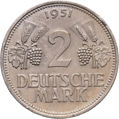 купить Германия 2 марки 1951, знак монетного двора: "D" - Мюнхен