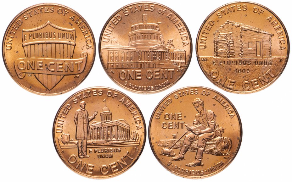 купить США набор из 5 монет: центы 2009 года "200 лет со дня рождения Линкольна" и 1 цент 2010-2017 D