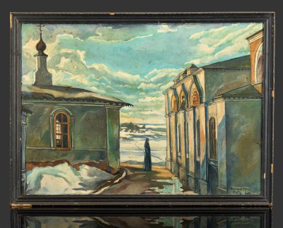 купить Картина "Великий Устюг", оформленная в раму, автор Виктор Васильевич Андреев (1963-2014 гг.), творческое объединение "Русь", холст, масло, дерево, Россия, 1984-1990 гг.