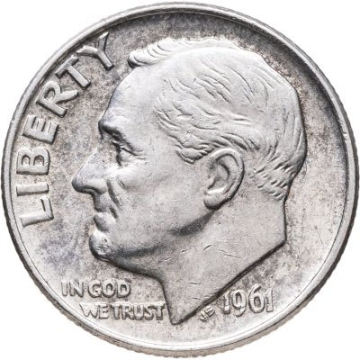купить США 10 центов (дайм, one dime) 1961 Silver Roosevelt Dime (Рузвельт) без обозначения монетного двора