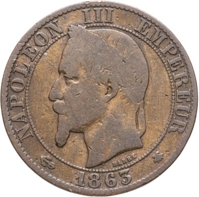 купить Франция 5 сантимов (centimes) 1863 A знак монетного двора: "A" - Париж