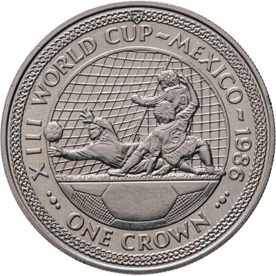 купить Остров Мэн 1 крона (crown) 1986 "Чемпионат мира по футболу 1986, Мексика /гол, 3 игрока"