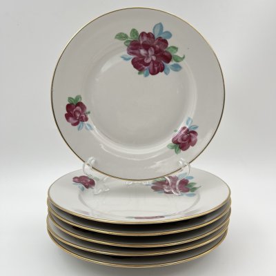 купить Набор десертных тарелок с цветочным декором на 6 персон, фарфор, деколь, золочение, Дулевский фарфоровый завод (Дулёво), СССР, 1968-1991 гг.