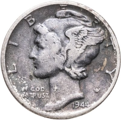 купить США 10 центов (дайм, one dime) 1944 Mercury Dime (дайм «Меркурий») без обозначения монетного двора