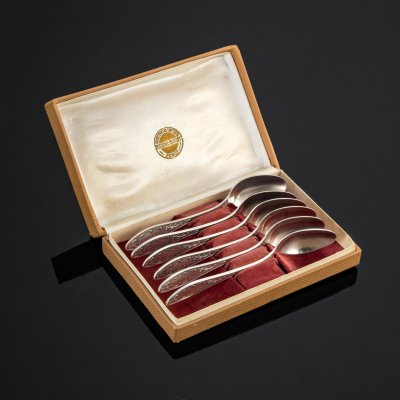 Купить Набор из 6 чайных ложек "Пламя" в оригинальной коробке, мНЦ (медь-никель-цинк), Кольчугинский завод цветных металлов, 1962-1991 гг.