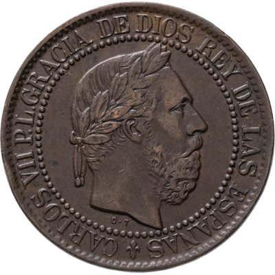 купить Испания 10 сентимо (centimos) 1875, претендент на королевский трон Карлос (Младший) де Бурбон