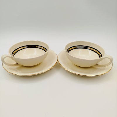 купить Набор чайных пар на две персоны с декором в виде линий, Petrus Regout Maastricht, фаянс, золочение, Нидерланды, 1890-1930 гг.