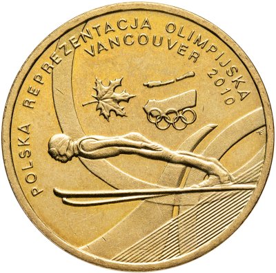 купить Польша 2 злотых 2010 [KM#Y.715] "Польская сборная на Олимпиаде в Ванкувере 2010 Лыжи"