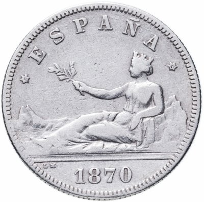 Купить Испания 2 песеты (pesetas) 1870 DE-M, период междуцарствия