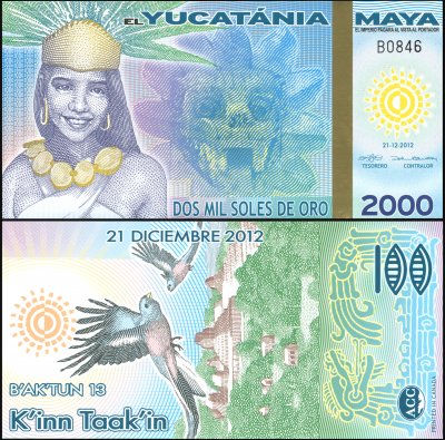 купить Юкатания Майя 2000 солей де оро 21.12.2012 [Пластик] "Банкнота выпущена специально для коллекционеров и не является официальной денежной единицей."