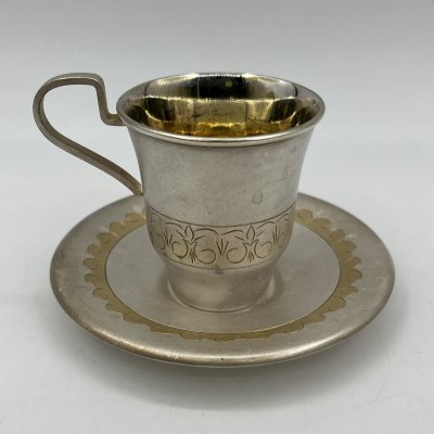 купить Пара кофейная с орнаментальным декором, мельхиор (медь-никель), гравировка, золочение, Мстерский завод художественных изделий «Ювелир», СССР, 1979 г.
