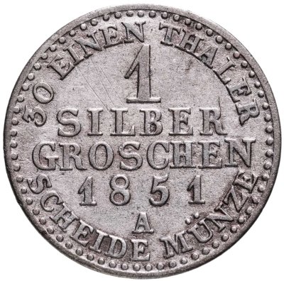 купить Королевство Пруссия, 1 зильбергрош 1851 г., знак монетного двора "А" - Берлин