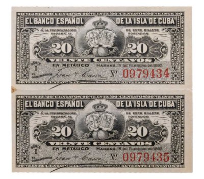 купить Куба 20 сентаво 1897 года P-53 Сцепка из 2 банкнот
