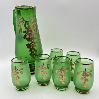 купить Набор для прохладительных напитков с цветочным декором (кувшин и 6 стаканов), цветное стекло, матирование, золочение, Bohemia Crystal (Bohemia Glass), Чехословакия, 1960-1980 гг.