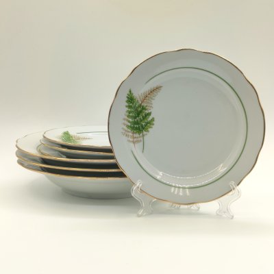 купить Набор из 4-х десертных и 3-х суповых тарелок "Папоротники", фасон "Гранёный", фарфор, деколь, золочение, Дулевский фарфоровый завод (Дулёво), Россия, 2006 г.