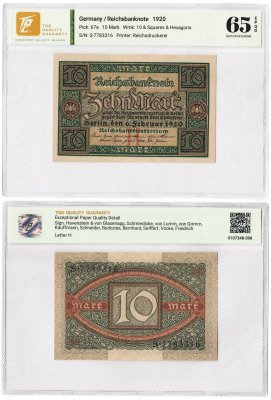 купить Германия 10 марок 1920 в слабе TQG MS 65 UNC