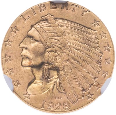 купить США 2 1\2 доллара (2,5 dollars) 1928 "Голова индейца" в слабе NGC MS62