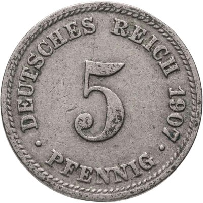купить Германия 5 пфеннигов (pfennig) 1907, знак монетного двора: "D"