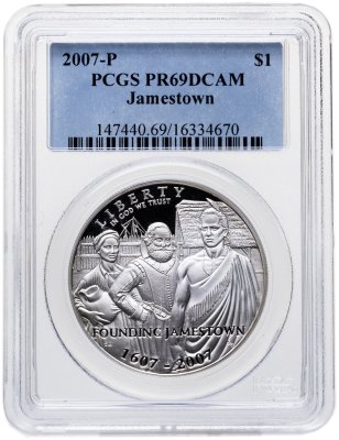 купить США 1 доллар (dollar) 2007 P 400th Anniversary Jamestown (400 лет со дня основания Джеймстауна) в слабе PCGS PR69DCAM