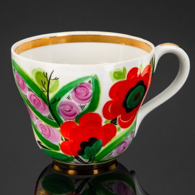 купить [Большой] Чайный бокал с цветочной росписью, фарфор, роспись, золочение, Дмитровский фарфоровый завод (ДФЗ Вербилки), СССР, 1965-1991 гг.