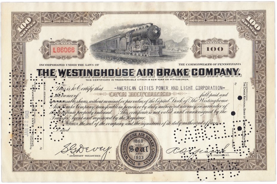 купить Акция США THE WESTINGHOUSE AIR BRAKE COMPANY, 1943- 1948 гг.