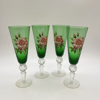 купить Набор из 4 бокалов в зеленом оттенке с цветочным декором, цветное стекло, деколь, СССР, 1970-1980 гг.