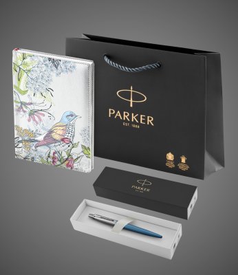Купить Подарочный набор: Шариковая ручка Parker Jotter Essential, Waterloo Blue CT и Ежедневник недатированный серебристый, Лаки и смолы: лак, нержавеющая сталь, 2026 г.