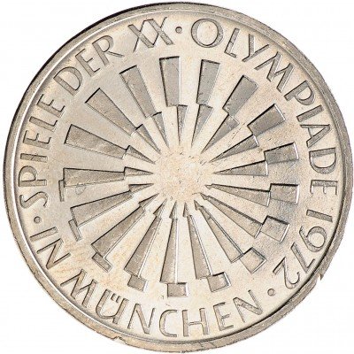 Купить ФРГ 10 марок 1972 F "Олимпиада в Мюнхене -Эмблема In München"